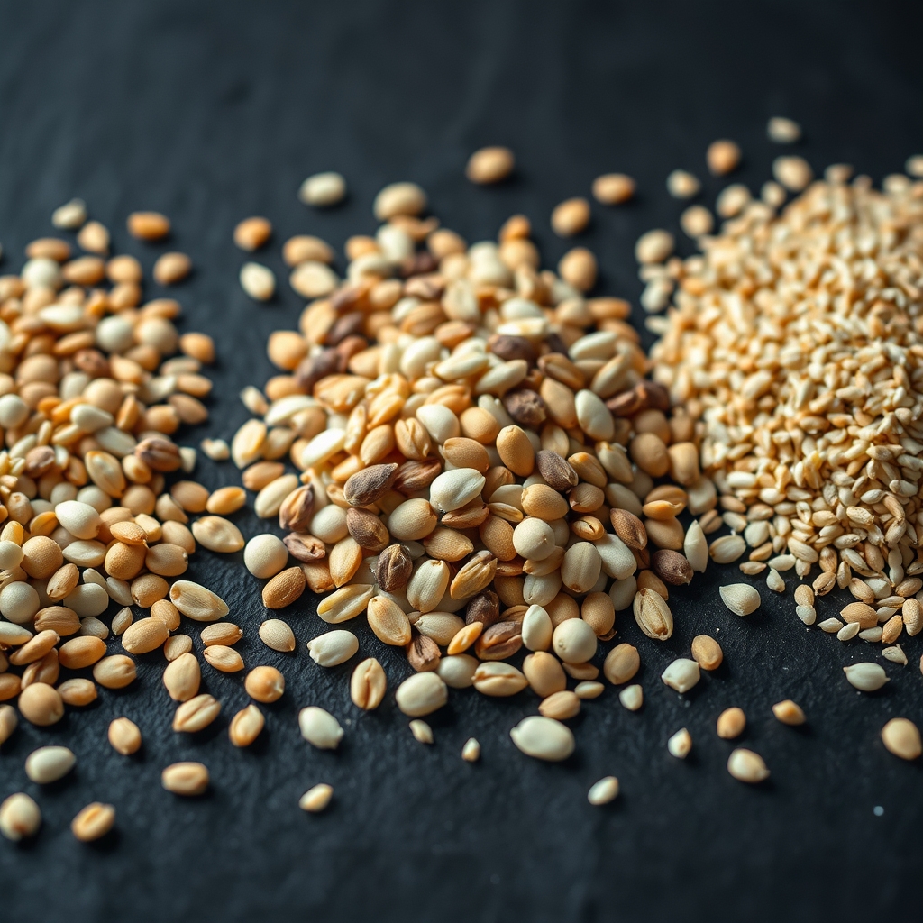 Assorted seeds and grains arranged in small portions on a dark surface