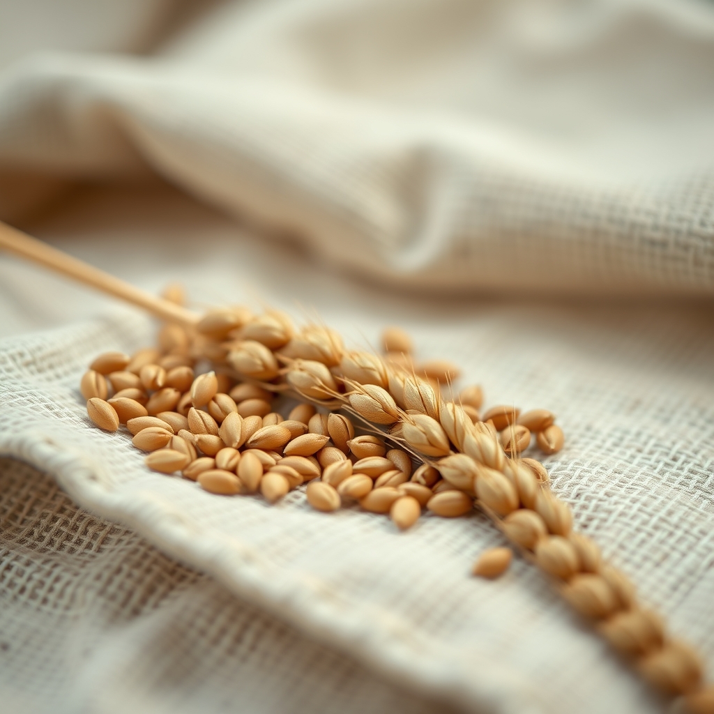 Golden brown flaxseeds on a natural linen surface